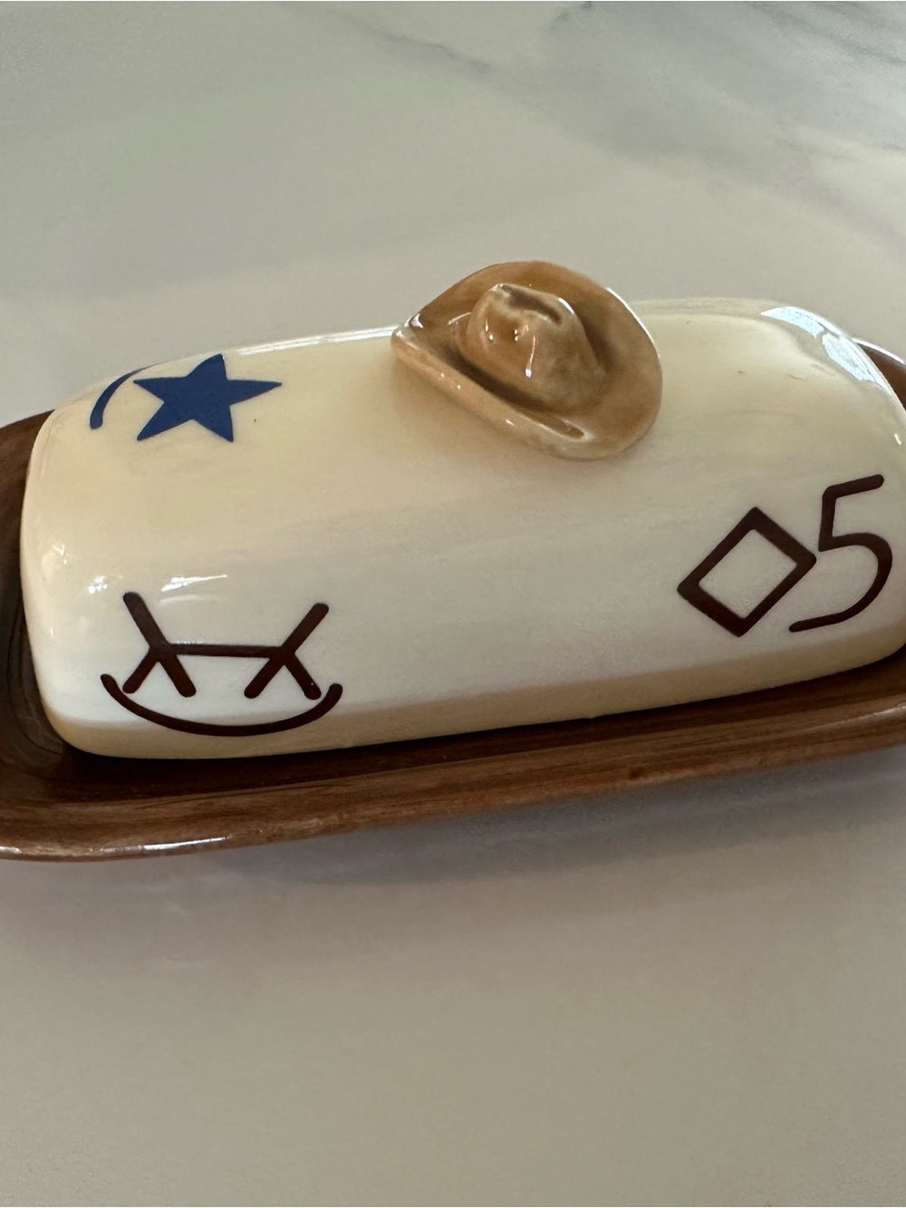 Ceramic Cowboy Hat Butter Dish in Cream with Blue and Brown Accents